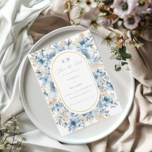 Dusty Blue Gold Floral Bloom all in one Wedding Save The Date