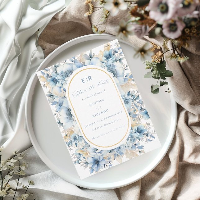 Dusty Blue Gold Floral Bloom all in one Wedding Save The Date (Creator Uploaded)