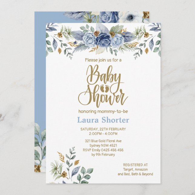 Dusty Blue Gold Floral Boy Baby Shower Invitation (Front/Back)