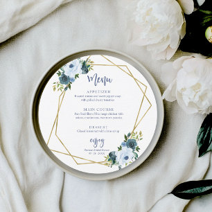Dusty Blue Gold Floral Bridal Shower Circle Menu Invitation