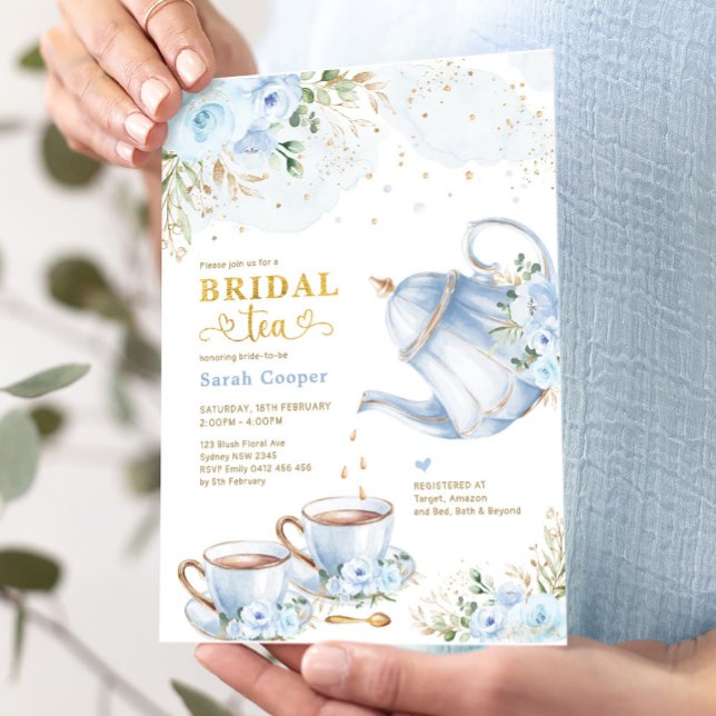 Dusty Blue Gold Floral Bridal Shower Tea Party Invitation (Creator Uploaded)