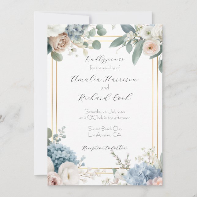 Dusty Blue Gold Floral Customisable Wedding  Invitation (Front)