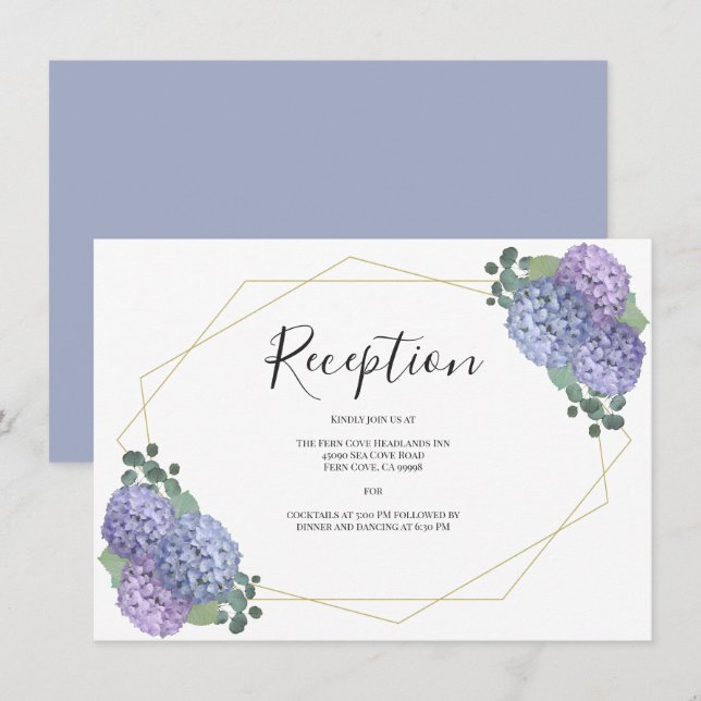 Dusty Blue Gold Floral Geometric Wedding Reception Enclosure Card (Front/Back)