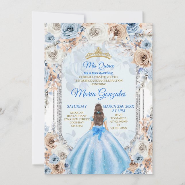Dusty Blue & Gold Floral Mis XV Anos Invitation (Front)