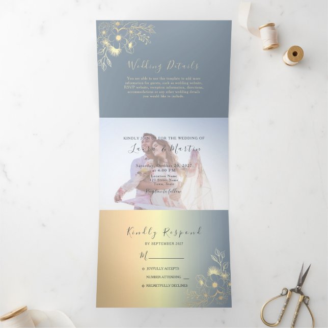 Dusty Blue Gold Floral Photo Wedding Tri-Fold Invitation (Inside)