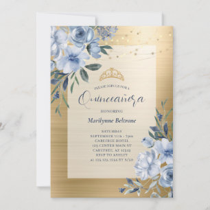Dusty Blue Gold Floral Quinceañera Invitation