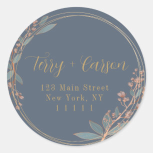 Dusty Blue Gold Floral Round Return Address Label 
