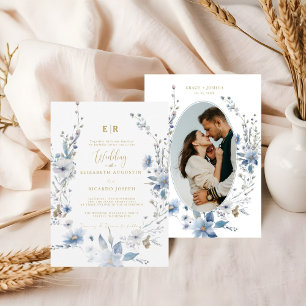 Dusty Blue Gold Floral Spring Bloom Wedding  Invitation
