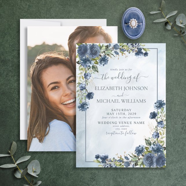 Dusty Blue Gold Floral Watercolor Photo Script Invitation (Creator Uploaded)