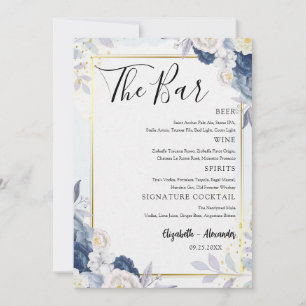 Dusty Blue Gold Floral Wedding Bar Menu Card