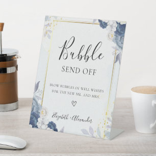Dusty Blue Gold Floral Wedding Bubble Sign