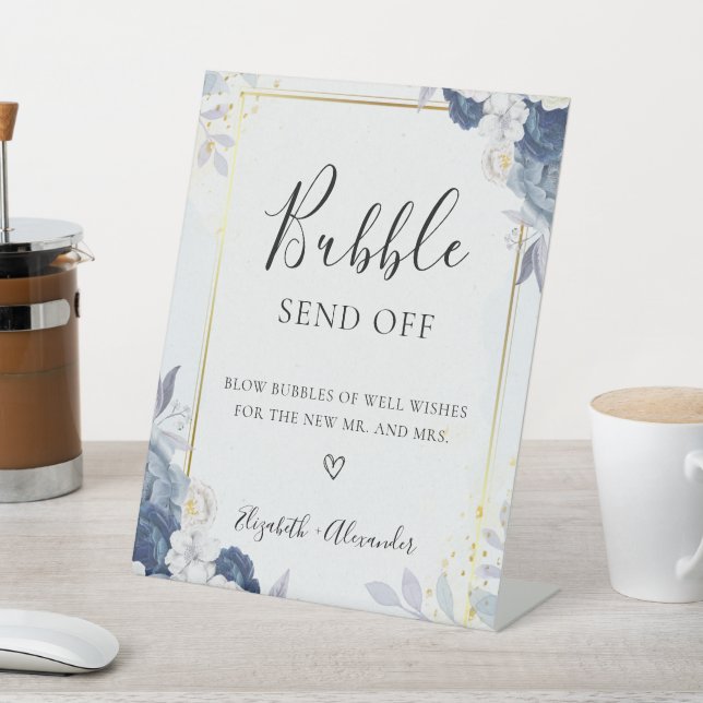 Dusty Blue Gold Floral Wedding Bubble Sign (In SItu)