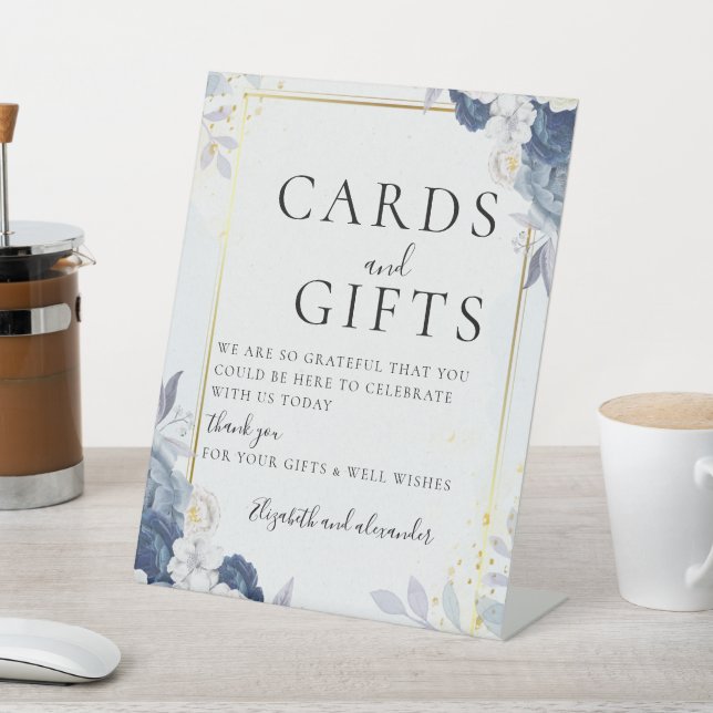 Dusty Blue Gold Floral wedding Cards & Gifts Pedestal Sign (In SItu)