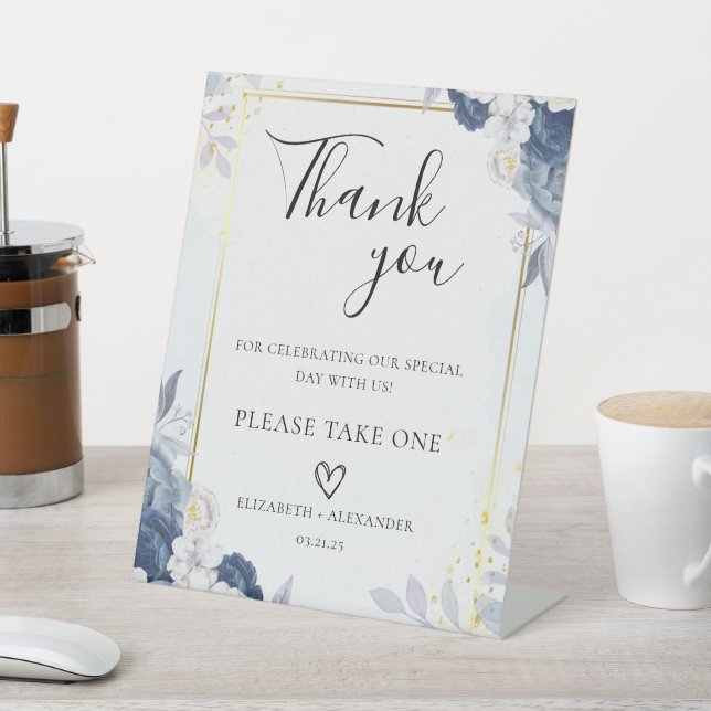 Dusty Blue Gold Floral wedding favours Pedestal Sign (In SItu)