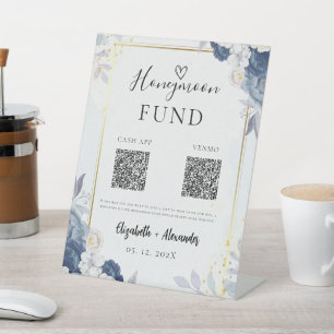 Dusty Blue Gold Floral wedding Honeymoon Fund Pedestal Sign