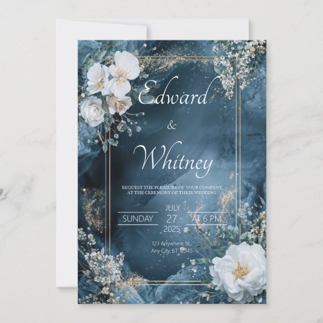 Dusty Blue & Gold Floral Wedding Invitation (Front)