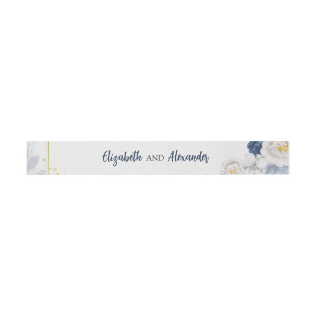 Dusty Blue Gold Floral Wedding Invitation Belly Band (Flat)