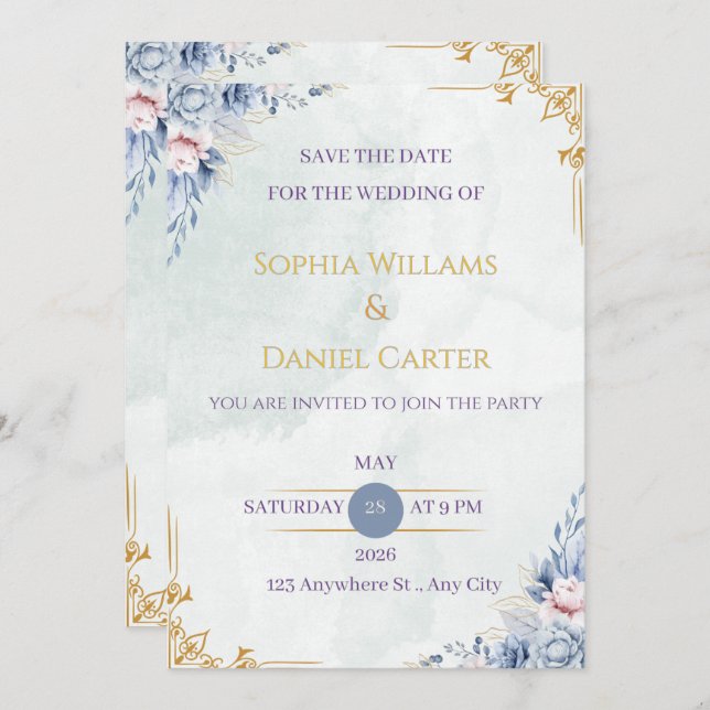 Dusty Blue Gold Floral Wedding Invitation Template (Front/Back)