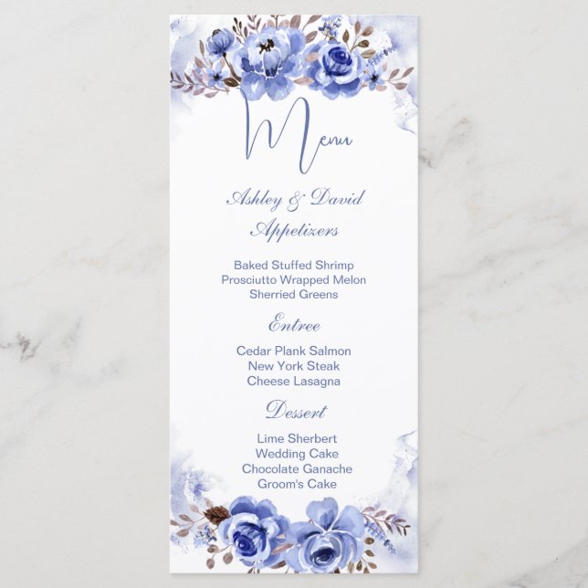 Dusty Blue Gold Floral Wedding Menu (Front)