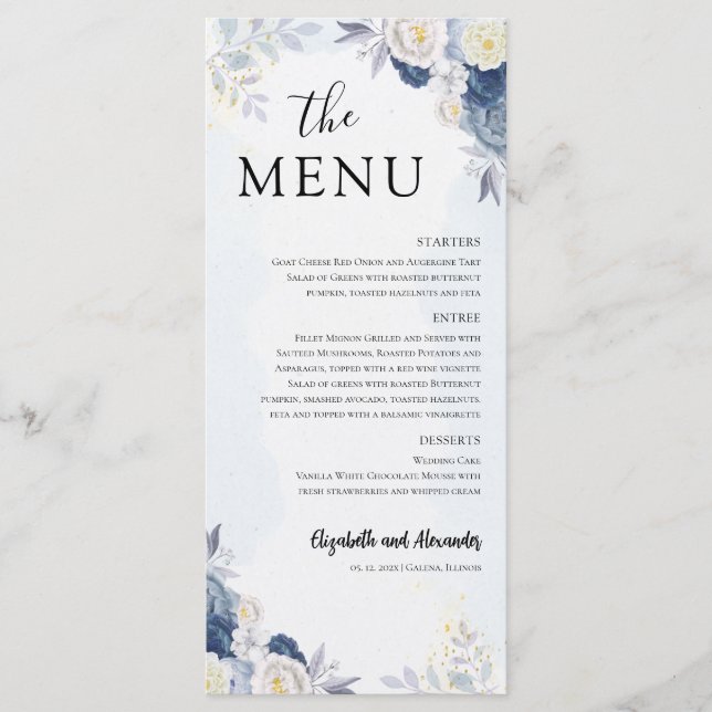Dusty Blue Gold Floral Wedding Menu and Thank you (Front)