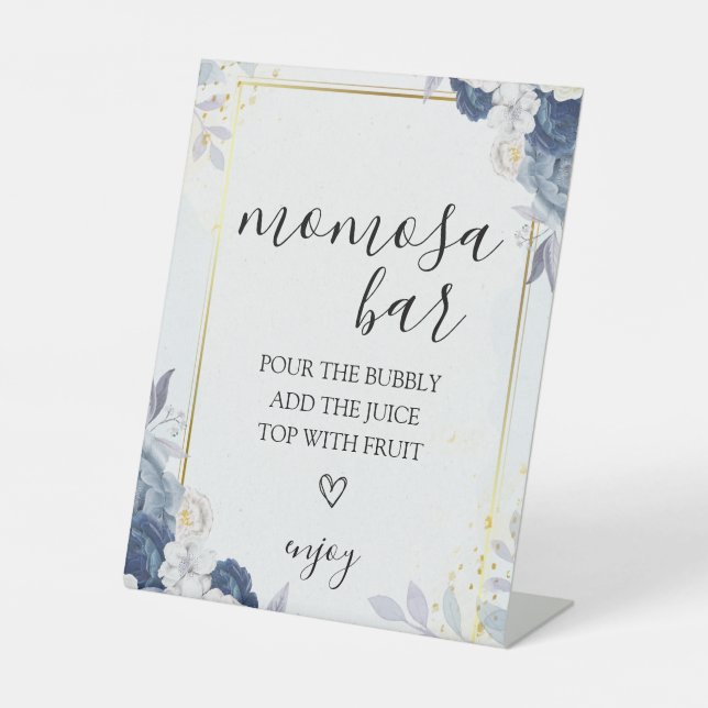 Dusty Blue Gold Floral Wedding Momosa Bar Sign (Front)