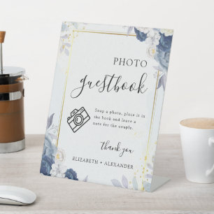 Dusty Blue Gold Floral wedding Photo Guestbook Pedestal Sign