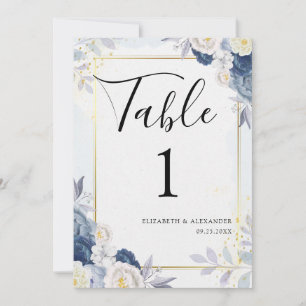 Dusty Blue Gold Floral Wedding Table Numbers Card