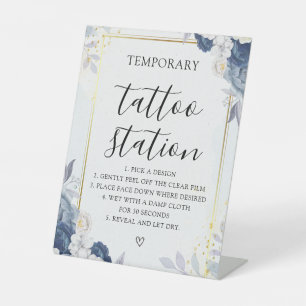 Dusty Blue Gold Floral Wedding Tattoo Sign