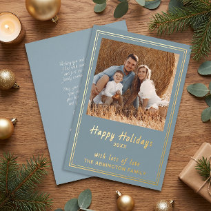 Dusty Blue Gold Foil Happy Holidays Family Photo Holiday Card