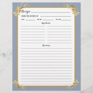 Dusty Blue Gold Foliage Recipe Binder Page