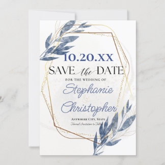 Dusty Blue Gold Frame Eucalyptus Save the Date  Invitation