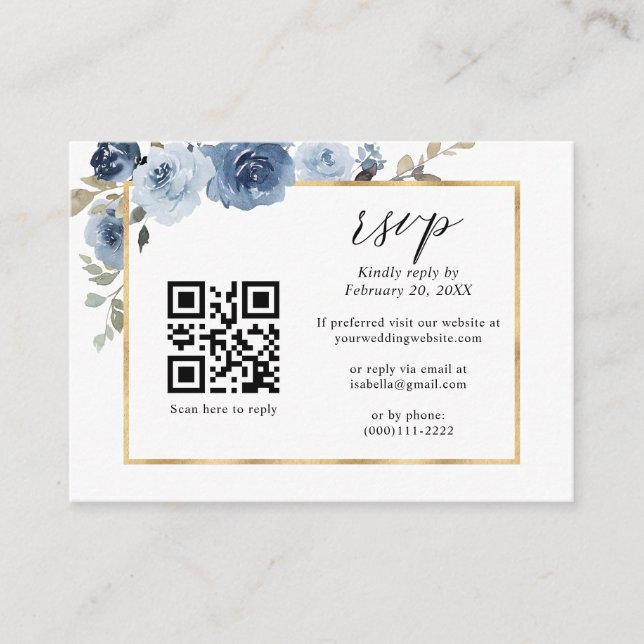 Dusty Blue Gold Frame Floral QR Code Wedding RSVP Enclosure Card (Front)