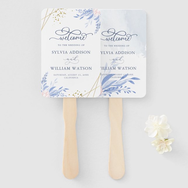 Dusty Blue Gold Geometric Pink Floral Wedding Hand Fan (Front and Back)