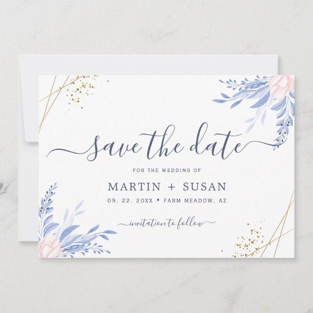 Dusty Blue Gold Geometric Pink Floral Wedding Save The Date (Front)