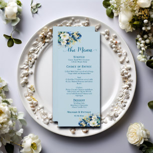 Dusty Blue Gold Glitter Floral 4x9'' Wedding Menu
