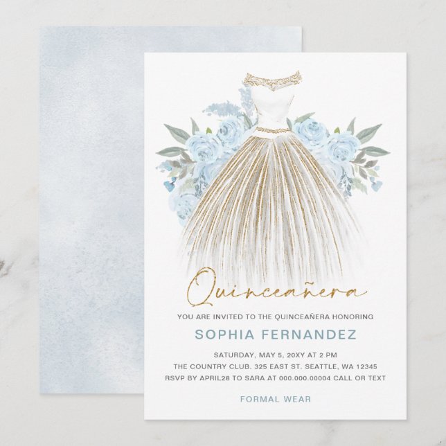 Dusty Blue gold glitter Floral Dress Quinceañera Invitation (Front/Back)