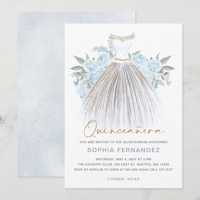 Dusty Blue gold glitter Floral Dress Quinceañera Invitation (Front/Back)