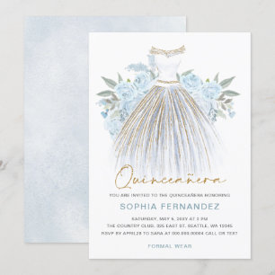 Dusty Blue gold glitter Floral Dress Quinceañera Invitation