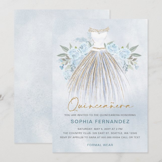 Dusty Blue gold glitter Floral Dress Quinceañera Invitation (Front/Back)