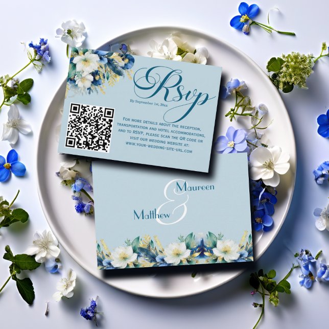 Dusty Blue Gold Glitter Floral QR Code RSVP Card (Creator Uploaded)