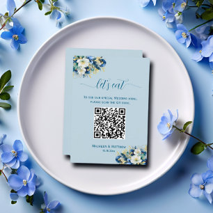 Dusty Blue Gold Glitter Floral QR Code Wedding Menu