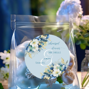 Dusty Blue Gold Glitter Floral Rehearsal Dinner Classic Round Sticker