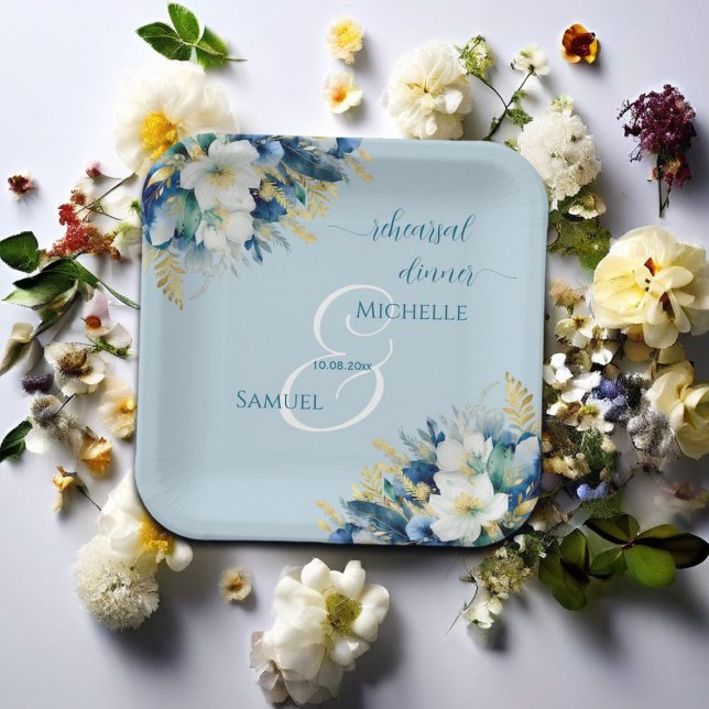 Dusty Blue Gold Glitter Floral Rehearsal Dinner Paper Plate (Creator Uploaded)