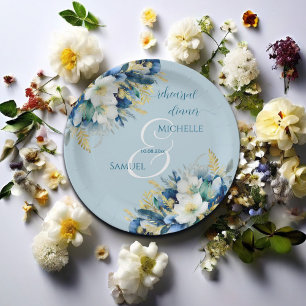 Dusty Blue Gold Glitter Floral Rehearsal Dinner Paper Plate