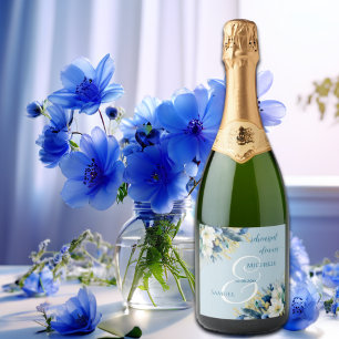 Dusty Blue Gold Glitter Floral Rehearsal Dinner Sparkling Wine Label