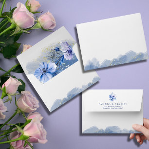 Dusty Blue Gold Glitter Floral Return Address 5x7 Envelope