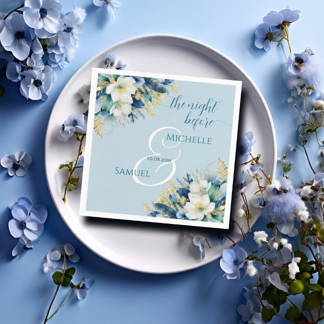 Dusty Blue Gold Glitter Floral The Night Before Napkin (Creator Uploaded)