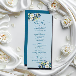 Dusty Blue Gold Glitter Floral Wedding Bar Menu