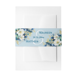 Dusty Blue Gold Glitter Floral Wedding Invitation Belly Band