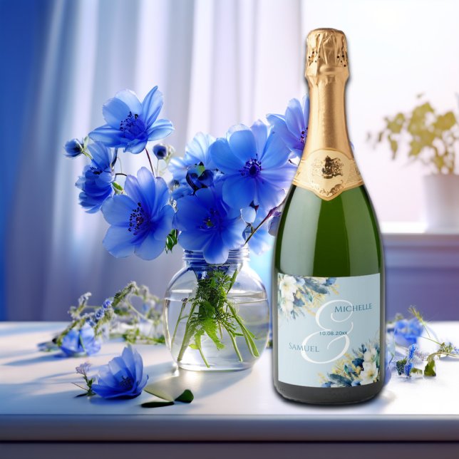 Dusty Blue Gold Glitter Floral Wedding Sparkling Wine Label (Creator Uploaded)
